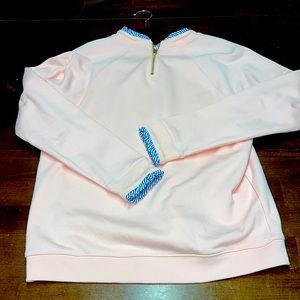 JCrew women’s pink 1/4 zip with blue ruffle details - size L